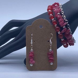Red Quartzite Stone Tri Bracelet and Earrings